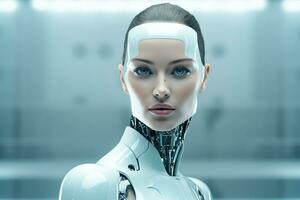 Portrait of a robot in a white futuristic interior,Artificial intelligence concept Ai generated photo