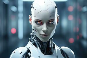 Portrait of a robot in a white futuristic interior,Artificial intelligence concept Ai generated photo