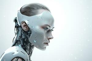 Portrait of a robot in a white futuristic interior,Artificial intelligence concept Ai generated photo