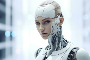 Portrait of a robot in a white futuristic interior,Artificial intelligence concept Ai generated photo