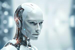 Portrait of a robot in a white futuristic interior,Artificial intelligence concept Ai generated photo