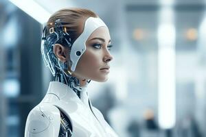 Portrait of a robot in a white futuristic interior,Artificial intelligence concept Ai generated photo