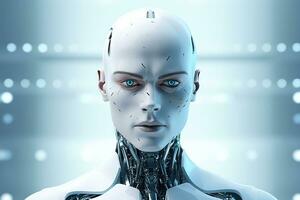 Portrait of a robot in a white futuristic interior,Artificial intelligence concept Ai generated photo