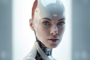 Portrait of a robot in a white futuristic interior,Artificial intelligence concept Ai generated photo