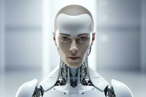 Portrait of a robot in a white futuristic interior,Artificial intelligence concept Ai generated photo