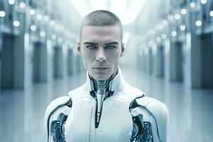 Portrait of a robot in a white futuristic interior,Artificial intelligence concept Ai generated photo