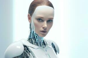 retrato de un robot en un blanco futurista interiores, artificiales inteligencia concepto ai generado foto