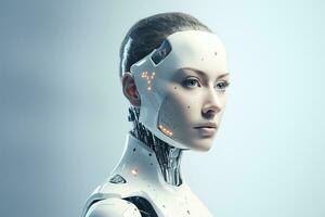 Portrait of a robot in a white futuristic interior,Artificial intelligence concept Ai generated photo