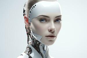 Portrait of a robot in a white futuristic interior,Artificial intelligence concept Ai generated photo