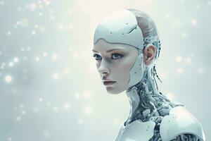 Portrait of a robot in a white futuristic interior,Artificial intelligence concept Ai generated photo