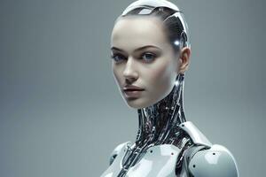 Portrait of a robot in a white futuristic interior,Artificial intelligence concept Ai generated photo