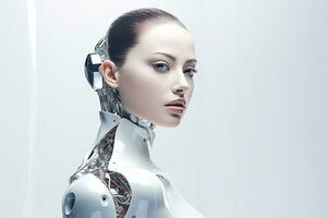 Portrait of a robot in a white futuristic interior,Artificial intelligence concept Ai generated photo