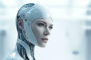 Portrait of a robot in a white futuristic interior,Artificial intelligence concept Ai generated photo