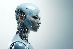 Portrait of a robot in a white futuristic interior,Artificial intelligence concept Ai generated photo
