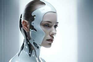 retrato de un robot en un blanco futurista interiores, artificiales inteligencia concepto ai generado foto
