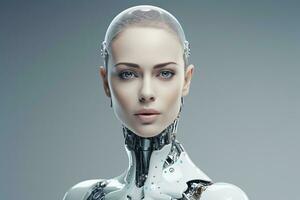 Portrait of a robot in a white futuristic interior,Artificial intelligence concept Ai generated photo