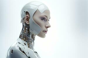 Portrait of a robot in a white futuristic interior,Artificial intelligence concept Ai generated photo