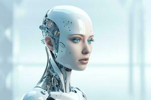 Portrait of a robot in a white futuristic interior,Artificial intelligence concept Ai generated photo