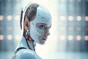 Portrait of a robot in a white futuristic interior,Artificial intelligence concept Ai generated photo