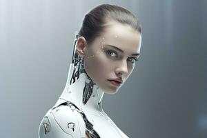 Portrait of a robot in a white futuristic interior,Artificial intelligence concept Ai generated photo