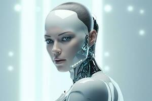 Portrait of a robot in a white futuristic interior,Artificial intelligence concept Ai generated photo