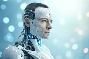 Portrait of a robot in a white futuristic interior,Artificial intelligence concept Ai generated photo