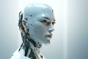 Portrait of a robot in a white futuristic interior,Artificial intelligence concept Ai generated photo