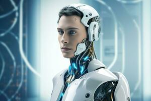 Portrait of a robot in a white futuristic interior,Artificial intelligence concept Ai generated photo