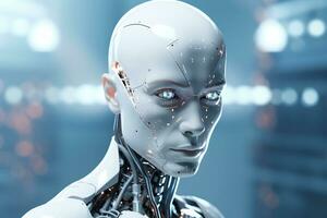 Portrait of a robot in a white futuristic interior,Artificial intelligence concept Ai generated photo