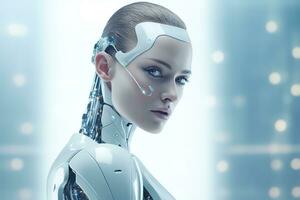 Portrait of a robot in a white futuristic interior,Artificial intelligence concept Ai generated photo