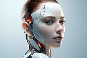 Portrait of a robot in a white futuristic interior,Artificial intelligence concept Ai generated photo