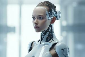 Portrait of a robot in a white futuristic interior,Artificial intelligence concept Ai generated photo
