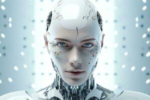 Portrait of a robot in a white futuristic interior,Artificial intelligence concept Ai generated photo