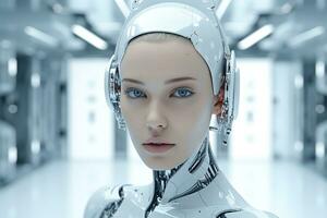 Portrait of a robot in a white futuristic interior,Artificial intelligence concept Ai generated photo