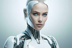 Portrait of a robot in a white futuristic interior,Artificial intelligence concept Ai generated photo