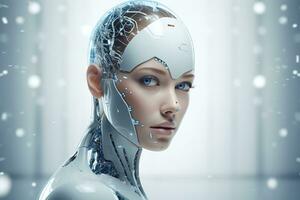 Portrait of a robot in a white futuristic interior,Artificial intelligence concept Ai generated photo