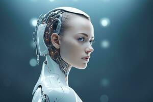 Portrait of a robot in a white futuristic interior,Artificial intelligence concept Ai generated photo