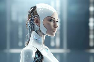 Portrait of a robot in a white futuristic interior,Artificial intelligence concept Ai generated photo