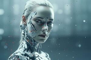 Portrait of a robot in a white futuristic interior,Artificial intelligence concept Ai generated photo