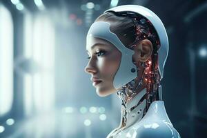 Portrait of a robot in a white futuristic interior,Artificial intelligence concept Ai generated photo