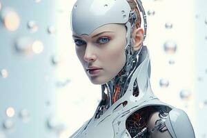 Portrait of a robot in a white futuristic interior,Artificial intelligence concept Ai generated photo