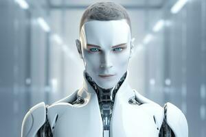 Portrait of a robot in a white futuristic interior,Artificial intelligence concept Ai generated photo