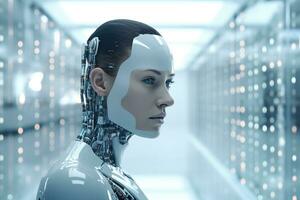 Portrait of a robot in a white futuristic interior,Artificial intelligence concept Ai generated photo