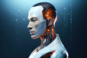 Portrait of a robot in a white futuristic interior,Artificial intelligence concept Ai generated photo