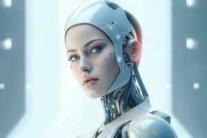 Portrait of a robot in a white futuristic interior,Artificial intelligence concept Ai generated photo