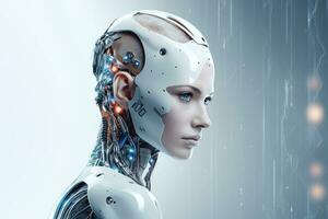 Portrait of a robot in a white futuristic interior,Artificial intelligence concept Ai generated photo