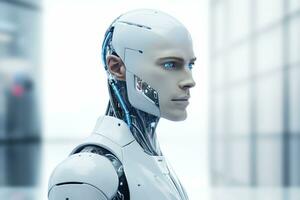 Portrait of a robot in a white futuristic interior,Artificial intelligence concept Ai generated photo