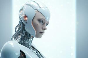 Portrait of a robot in a white futuristic interior,Artificial intelligence concept Ai generated photo