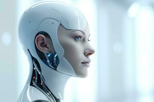 Portrait of a robot in a white futuristic interior,Artificial intelligence concept Ai generated photo