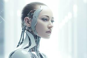 Portrait of a robot in a white futuristic interior,Artificial intelligence concept Ai generated photo
